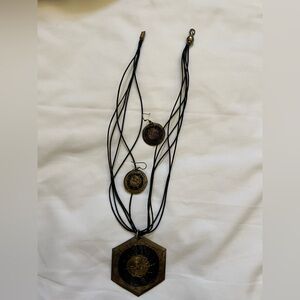 Black Multi-Strand Necklace with Bronze black Medallions with earrings handmade